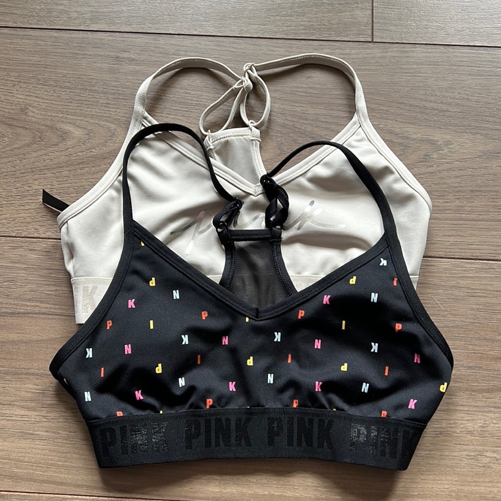 PINK lightly-lined sports bra 2 pack,-includes lightly worn black, and new cream